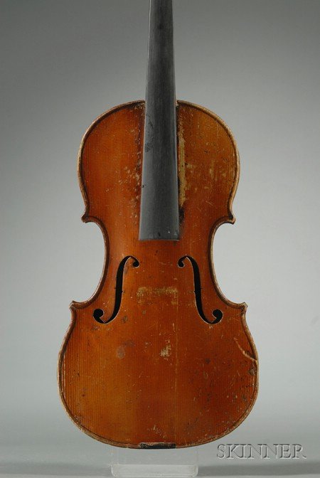 French Violin, Jerome Thibouville-Lamy, Mirecourt: French Violin, Jerome Thibouville-Lamy, Mirecourt, c. 1880, labeled MODEL DAPRES, ANTONIO STRADIVARIUS..., length of one-piece back 14 1/16 in., 357 mm.