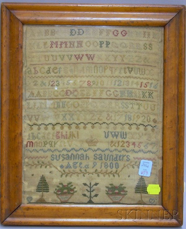 Bird's-eye Maple Framed 1800 Susannah Saunders Nee: Bird's-eye Maple Framed 1800 Susannah Saunders Needlework Sampler, sight size 11 1/4 x 9 in.