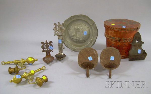 Paint Decorated Covered Pail, a Pair of Tin Candle: Paint Decorated Covered Pail, a Pair of Tin Candle Sconces, Match Pocket, Two Iron Sconces, a Pair of Brass Candle Sconces and a French Commemorative Pewter Plaque.