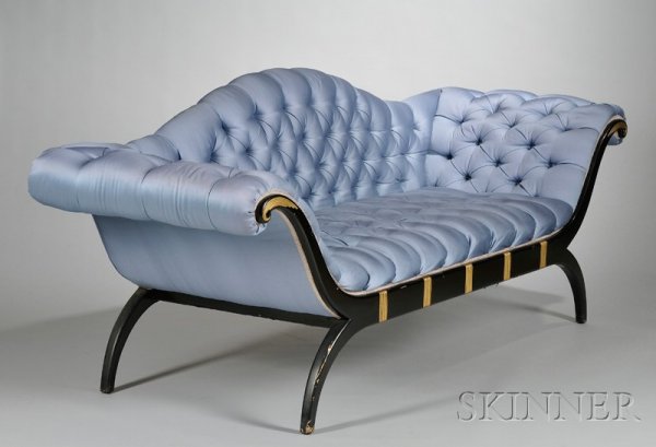 Art Moderne Upholstered Partial-gilt Black Lacquer: Art Moderne Upholstered Partial-gilt Black Lacquered Sofa and an Upholstered Ebonized Carved Wood Side Chair, attributed to F. & G. Furniture Co., Boston, accompanied by the original sofa design drawi