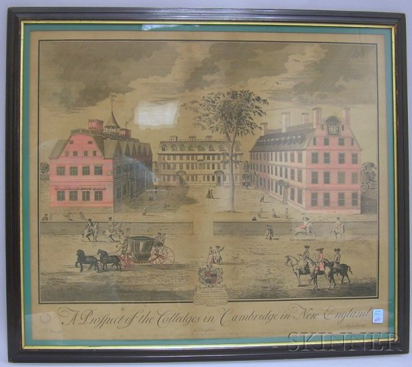 Framed Hand-colored Engraving A Prospect of the Co: Framed Hand-colored Engraving A Prospect of the Colledges in Cambridge in New England, re-engraved by Sidney L. Smith, published by Charles E. Goodspeed, 1906, sight size 21 1/2 x 25 1/2 in.