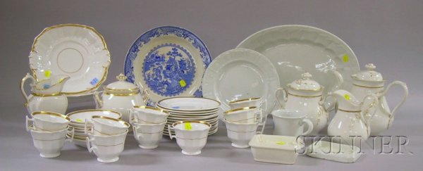 Thirty-seven Piece Assembled Gilt Porcelain Partia: Thirty-seven Piece Assembled Gilt Porcelain Partial Tea and Coffee Service and Assorted Ironstone Tableware, including porcelain covered sugar, two jugs, covered waste bowl, two pastry plates, twelve 