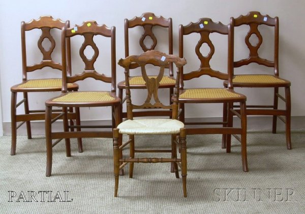 Set of Six Victorian Black Walnut Side Chairs wit: Set of Six Victorian Black Walnut Side Chairs with Caned Seats, a Single Rosewood Grained Ballroom Chair, and a Doll's Walnut Dovetail-constructed Hooded Rocking Cradle.