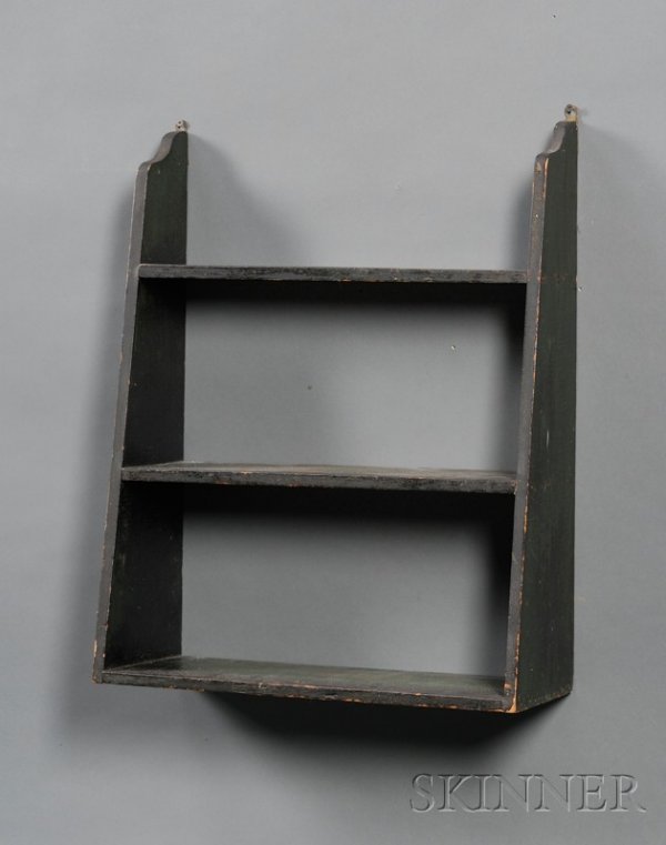 Green-painted Pine Wall Shelf, America, late 19th c: Green-painted Pine Wall Shelf, America, late 19th century, with canted and shaped sides, old surface, ht. 24, wd. 19 1/4, dp. 7 in. Provenance: The Denny L. and Patty Tracey Collection, Skinner, Novem