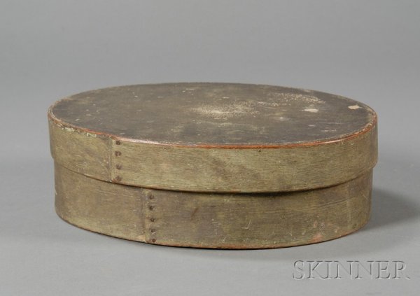 Green-painted Oval Lapped-seam Covered Pantry Box, : Green-painted Oval Lapped-seam Covered Pantry Box, America, 19th century, ht. 3 3/4, dia. 12 5/8 in.