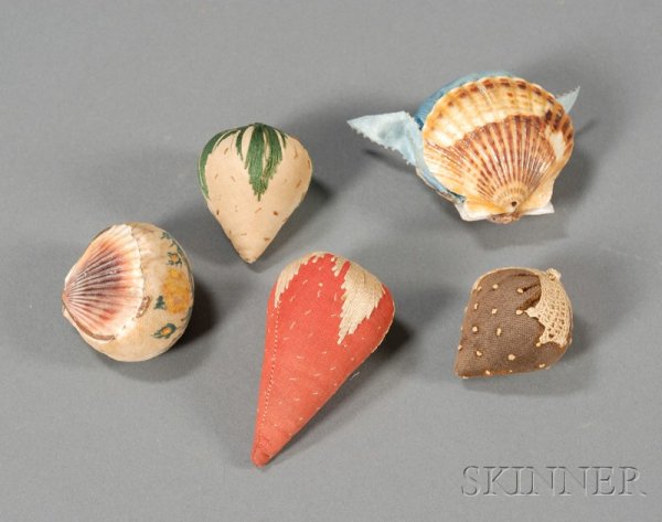 Five Hand-stitched Pincushions, America, 19th cent: Five Hand-stitched Pincushions, America, 19th century, including three strawberry-form, two fan shell-form, dia. 1 3/4-3 in.