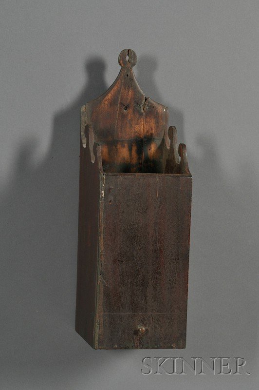 Mahogany Pipe Box, America, early 19th century, wi: Mahogany Pipe Box, America, early 19th century, with scrolled gallery and faux drawer, remnants of old blue paint, (cracks on backboard), ht. 19 1/4, wd. 6 1/4, dp. 6 1/4 in.