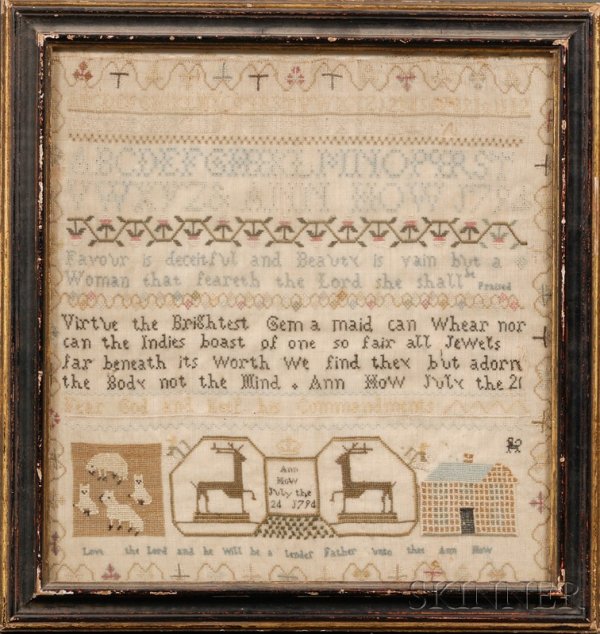 Needlework Sampler, "Ann How/July the 24 1794," En: Needlework Sampler, "Ann How/July the 24 1794," England, worked in silk and wool threads on a woven wool ground, with pious verses over a band with house, stags, sheep, birds, crown, and dog motifs, (
