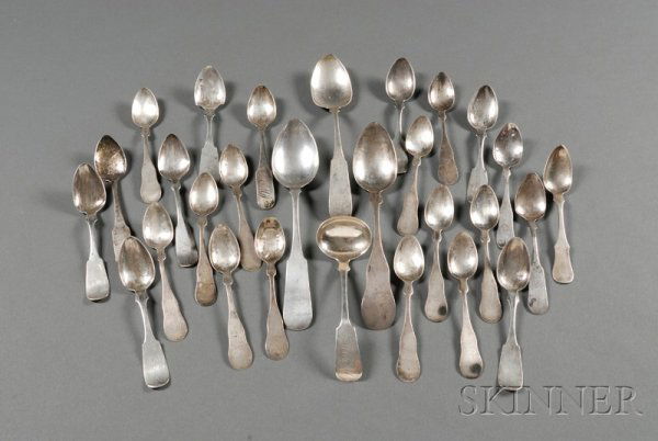 Twenty-eight Assorted Coin Silver Spoons, America,: Twenty-eight Assorted Coin Silver Spoons, America, early to mid-19th century, six teaspoons by John Fries, Philadelphia; twelve teaspoons and serving spoon marked "J. JARVES"; two serving spoons and a