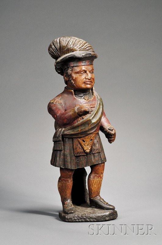 Carved and Painted Wooden Scottish Highlander Ciga: Carved and Painted Wooden Scottish Highlander Cigar Store Countertop Figure, America, late 19th/early 20th century, old but not original surface, (minor imperfections), ht. 27 3/4 in.