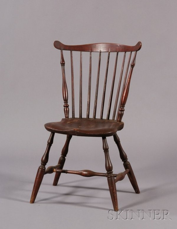 Red-painted Fan-back Windsor Side Chair, New Engla: Red-painted Fan-back Windsor Side Chair, New England, late 18th century, with vase and ring turnings, old surface, ht. 35, seat ht. 17 in.