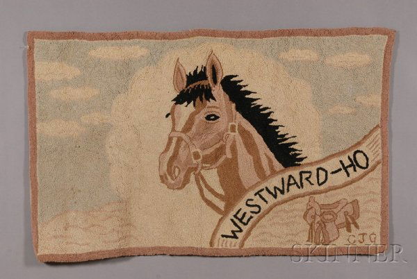 Wool "WESTWARD HO" Hooked Rug, America, mid-20th c: Wool "WESTWARD HO" Hooked Rug, America, mid-20th century, yarn hooked rug depicting a horse's head and a saddle with a cloud background, (toning, minor stains), 32 1/2 x 52 in.