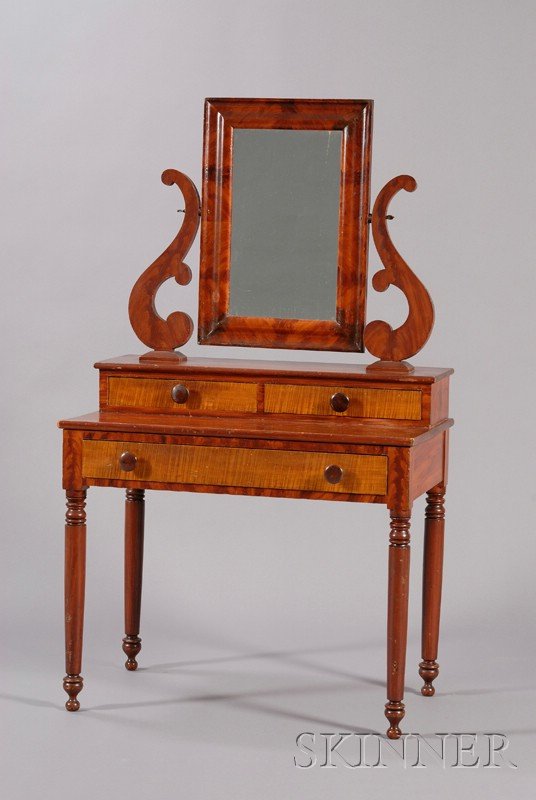 Classical Faux Bois Poplar Mirrored Dressing Table: Classical Faux Bois Poplar Mirrored Dressing Table, possibly upstate New York, c. 1835-40, the mirror with curving supports on two drawers above a single drawer, on turned legs, original turned wooden