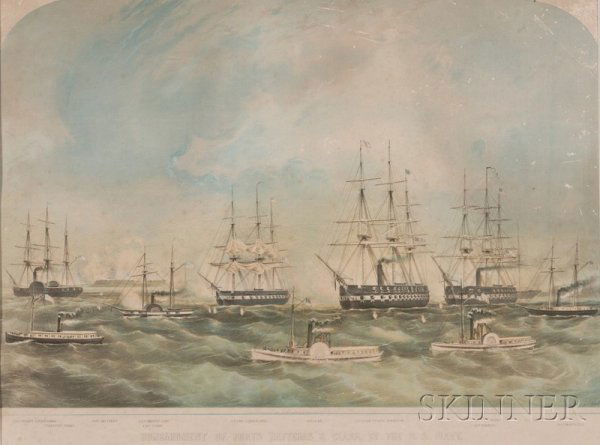 J.H. Buffords, lithographer (Boston, 1841-c. 1870): J.H. Buffords, lithographer (Boston, 1841-c. 1870) BOMBARDMENT OF FORTS HATTERAS & CLARK BY THE U.S. FLEET., 1861. Identified in inscriptions in the matrix. Lithograph with hand-coloring on paper, she