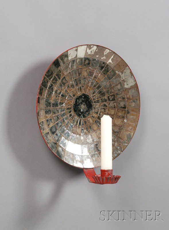 Large Mirrored Tin Candle Sconce, America, round c: Large Mirrored Tin Candle Sconce, America, round concave reflector lined with mirrored glass segments, red-painted tin surround and candleholder, ht. 17 1/4, dia. 15 1/2 in.