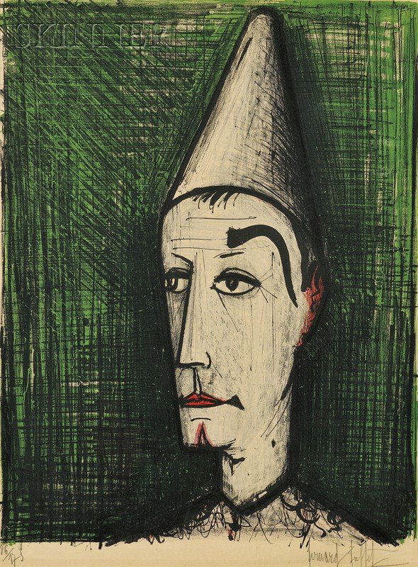 Bernard Buffet (French, 1928-1999) The Clown with t: Bernard Buffet (French, 1928-1999) The Clown with the Green Background, 1960, edition of 175 (Mourlot, 24). Signed "Bernard Buffet" in pencil l.r., numbered "86/175" in pencil l.l. Color lithograph on