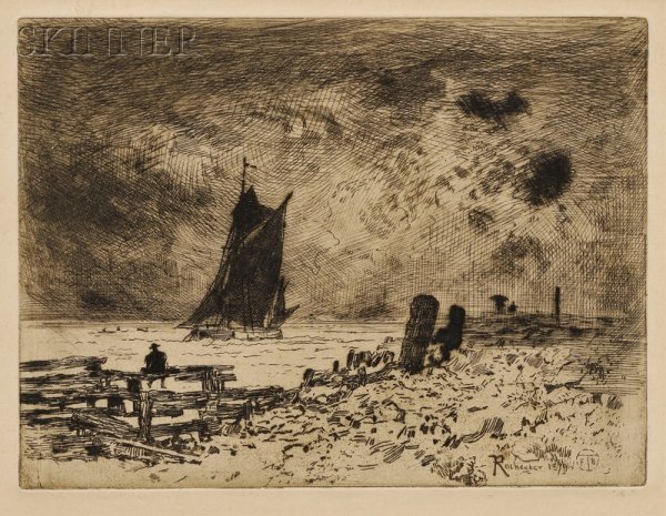 Félix Hilaire Buhot (French, 1847-1898) La Petite M: Félix Hilaire Buhot (French, 1847-1898) La Petite Marine - Souvenir de Medway, 1879, probably the third state of six (Bourcard & Goodfriend, 153). Monogrammed, dated, and inscribed in the plate, iden