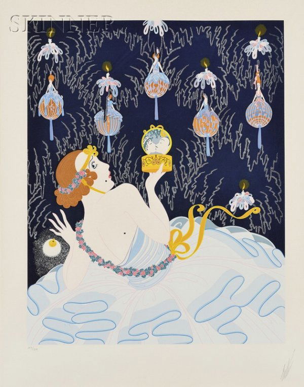 Romain de Tirtoff, called Erté (Russian, 1892-1990): Romain de Tirtoff, called Erté (Russian, 1892-1990) Stolen Kisses, 1982, edition of 300. Signed "Erté" in pencil l.r., numbered "105/300" in pencil l.l. Color screenprint on cream paper, image size