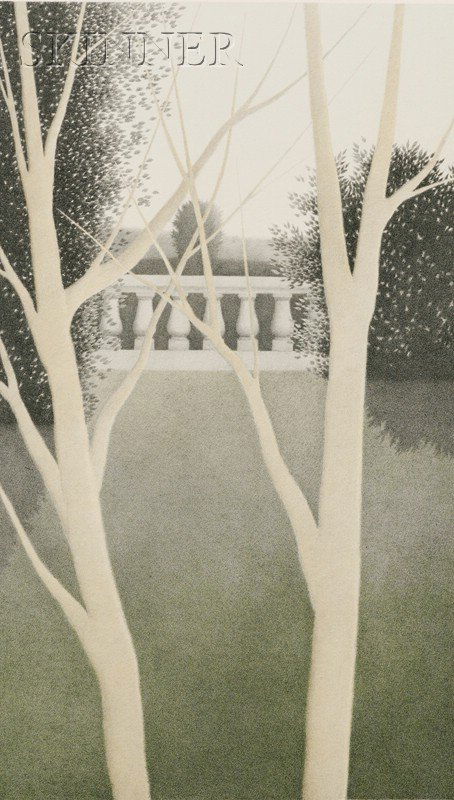 Robert Kipniss (American, b. 1931) Two Trees and Ba: Robert Kipniss (American, b. 1931) Two Trees and Balustrade, edition of 120. Signed "Kipniss" in pencil l.r., numbered "74/120" in pencil l.l. Color lithograph on wove paper, image size 19 x 11 in. (4