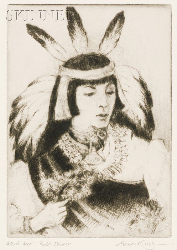 Gene (Alice Geneva Glasier) Kloss (American, 1903-1: Gene (Alice Geneva Glasier) Kloss (American, 1903-1996) Pueblo Dancer. Signed "Gene Kloss" in pencil l.r., inscribed and titled "Artist's Proof..." in pencil l.l. Drypoint on paper, plate size 8 x 5 3