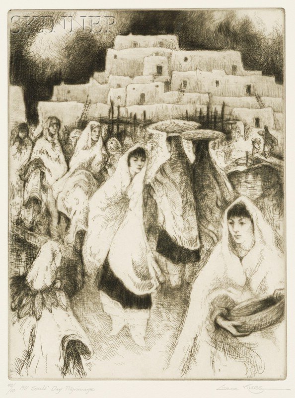 Gene (Alice Geneva Glasier) Kloss (American, 1903-1: Gene (Alice Geneva Glasier) Kloss (American, 1903-1996) All Souls' Day Pilgrimage. Signed "Gene Kloss" in pencil l.r., numbered and titled "42/50..." in pencil l.l. Etching and drypoint on paper, plat