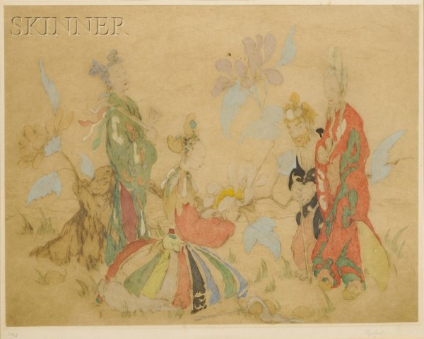 Elyse Ashe Lord (British, 1900-1971) Immortals, ed: Elyse Ashe Lord (British, 1900-1971) Immortals, edition of 75. Signed "Elyse Lord-" in pencil l.r., numbered "24/75" in pencil l.l. Etching with stencil coloring on paper, plate size 17 x 21 3/4 in. (