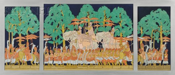 Bertha Boynton Lum (American, 1869-1954) Elephant : Bertha Boynton Lum (American, 1869-1954) Elephant Procession at Angkor Wat/A Triptych, 1930 (Gravalos & Pulin, 95). Unsigned. Raised line hand-colored woodcut on paper, total sight