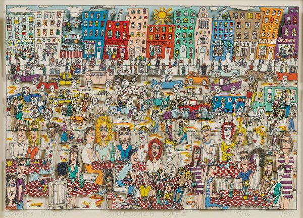 James Rizzi (American, b. 1950) Sidewalk Cafe, 198: James Rizzi (American, b. 1950) Sidewalk Cafe, 1987, edition of 175. Signed, titled, numbered, and dated "James RIZZI...14/175 1987" in pencil beneath the image. Color screenprint with three-dimension