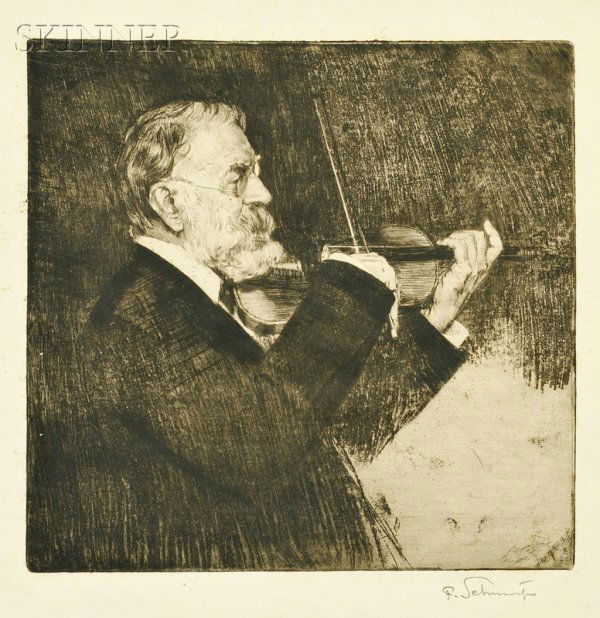 Ferdinand Schmutzer (Austrian, 1870-1928) Violinis: Ferdinand Schmutzer (Austrian, 1870-1928) Violinist from the Joachim Quartet, c. 1904. Signed "F. Schmutzer" in pencil l.r. Etching on paper, plate size 8 1/2 x 8 7/8 in. (21.5 x 22.5 cm), unframed, m