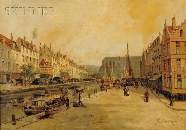 Gustave Mascart (French, 1834-1914) Promenade Alon: Gustave Mascart (French, 1834-1914) Promenade Along the Canal Signed "G. Mascart" l.r. Oil on canvas, 25 3/4 x 36 in. (65.4 x 91.4 cm), framed. Condition: Surface grime, craquelure, retouch, lined.