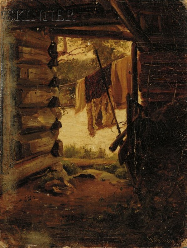 Gerhard Peter Franz Vilhelm Munthe (Norwegian, 18: Gerhard Peter Franz Vilhelm Munthe (Norwegian, 1849-1929) In the Cabin Signed and dated "G Munthe 73" l.r. Oil on canvas mounted onto board, 16 x 12 1/4 in. (40.6 x 31.1 cm), unframed. Condition: Surf