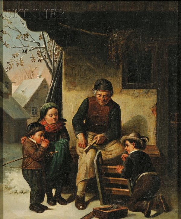 Attributed to Lawrence Carmichael Earle (American,: Attributed to Lawrence Carmichael Earle (American, 1845-1921) The Wood Carver's Little Apprentices Unsigned. Oil on canvas, 12 1/2 x 10 1/2 in. (30.5 x 26.6 cm), framed. Condition: Lined, retouch, fin