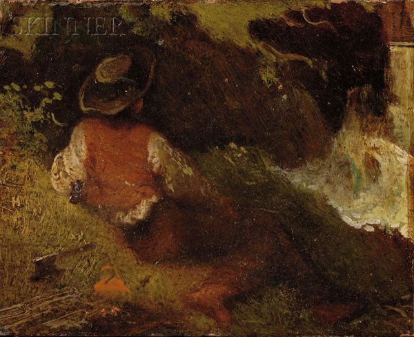 Friedrich Gauermann (Austrian, 1807-1862) Boy at t: Friedrich Gauermann (Austrian, 1807-1862) Boy at the River Bank Signed "F. Gauermann" on the reverse. Oil on board, 3 1/2 x 4 1/4 in. (8.9 x 10.8 cm), framed. Condition: Retouch, varnish inconsistenci