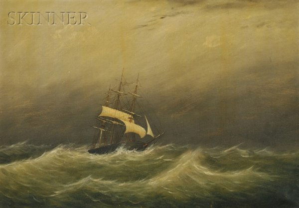 Clement Drew (American, 1806-1889) Ship in Stormy: Clement Drew (American, 1806-1889) Ship in Stormy Seas Signed or inscribed and dated "C. DREW 1885" on the reverse. Oil on canvas, 14 x 20 in. (35.6 x 50.8 cm), framed. Condition: Craquelure, surface