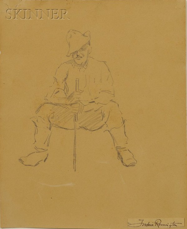 Frederic Remington (American, 1861-1909) Seated Ma: Frederic Remington (American, 1861-1909) Seated Man Holding a Walking Stick Applied signature "Frederic Remington" in ink l.r., identified on a label on the reverse (see below). Pencil on p