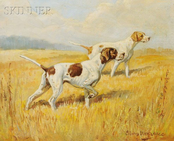 Edwin Megargee (American, 1883-1958) Two Pointers: Edwin Megargee (American, 1883-1958) Two Pointers Signed "Edwin Megargee" l.r. Oil on canvas mounted onto board, 8 x 10 in. (20.3 x 25.4 cm), framed. Condition: Mild surface grime.