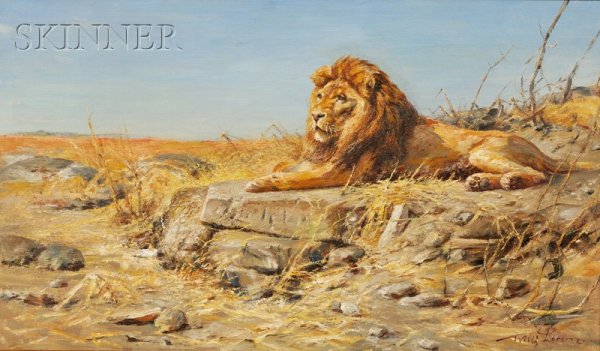 Willi (Wilhelm) Lorenz (German, 1901-1981) Lion at: Willi (Wilhelm) Lorenz (German, 1901-1981) Lion at Rest Signed "Willi Lorenz." l.r. Oil on canvas, 23 x 39 in. (58.4 x 99.1 cm), framed. Condition: Craquelure, subtle retouch. Provenance: Ex-colle