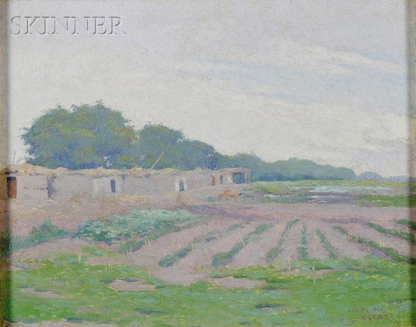 Eric L. (Frederic) Pape (American, 1870-1938) View: Eric L. (Frederic) Pape (American, 1870-1938) View of an Egyptian Farm Signed, dated, and inscribed "·PAPE· 91·/ ·EGYPT·" l.r., stamped "ESTATE OF Eric Pap 1870-1938" on the backing. Oil on canva