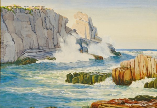 Franz Arthur Bischoff (American, 1864-1929) Crashi: Franz Arthur Bischoff (American, 1864-1929) Crashing Waves/A Southern California View Signed "Franz A. Bischoff" l.l. Watercolor on paper, sheet size 19 1/8 x 28 7/8 in. (48.6 x 73.3 cm), framed. Cond