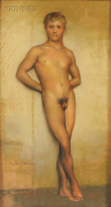 Harper Pennington (American, 1855-1920) Portrait o: Harper Pennington (American, 1855-1920) Portrait of a Young Man, Nude Monogrammed, dated and dedicated "...1903, to Ogden Codman-" l.l. Pastel on paperboard, sight size 17 x 9 1/2 in. (43.2 x 24.1 cm)