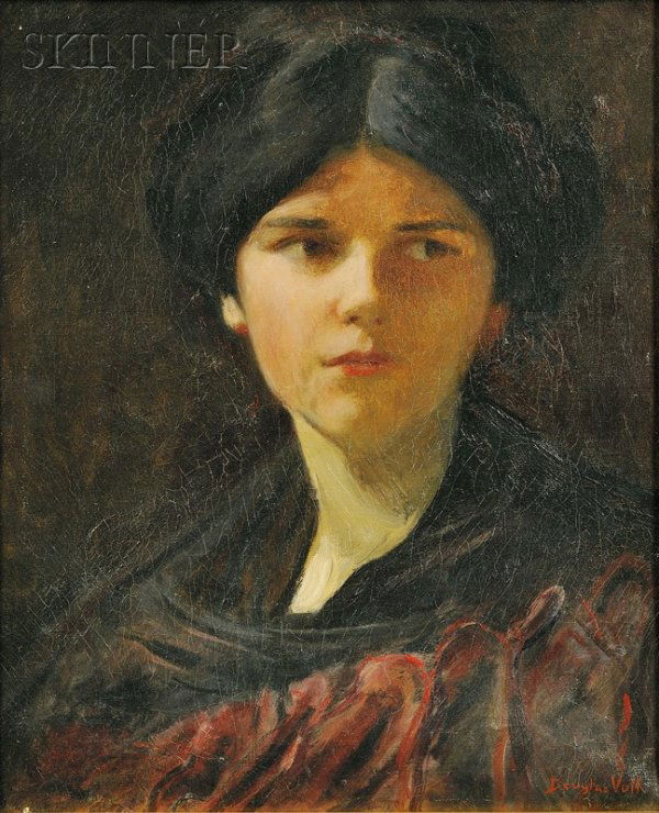 Douglas Volk (American, 1856-1935) Portrait of a Y: Douglas Volk (American, 1856-1935) Portrait of a Young Lady, Purportedly the Artist's Daughter Signed "Douglas Volk" l.r. Oil on canvas, 18 x 15 in. (45.7 x 38.1 cm), framed. Condition: Retouch, craqu