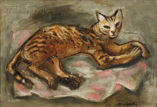 John Wesley Carroll (American, 1892-1959) Portrait: John Wesley Carroll (American, 1892-1959) Portrait of a Cat Signed and dated "John Carroll 33" l.r. Oil on canvas, 20 x 29 in. (50.8 x 73.7 cm), framed. Condition: Canvas deformations, surface grime,