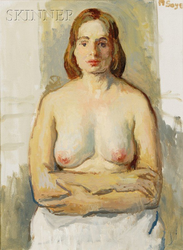Moses Soyer (American, 1899-1974) Nude Front View: Moses Soyer (American, 1899-1974) Nude Front View Signed "M Soyer" u.r., identified on a label from ACA Galleries, Inc., New York, on the reverse. Oil on canvas, 16 x 12 in. (40.6 x 30.5