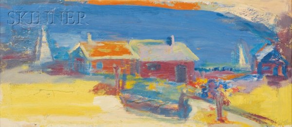 Peter Busa (American, 1914-1985) Cottages by a Bay: Peter Busa (American, 1914-1985) Cottages by a Bay Incised signature "Busa" l.r. Oil on Masonite, 8 1/4 x 18 in. (21.0 x 45.7 cm), framed. Condition: Good.