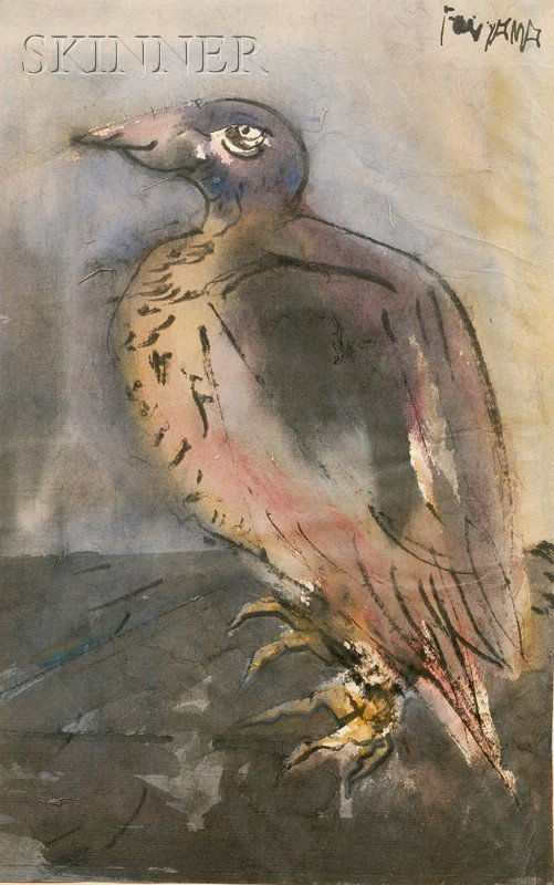 Japanese School, 20th Century Lot of Two Works: A: Japanese School, 20th Century Lot of Two Works: A Mask Engraver and A Bird Signed "Fujiyama" l.r. and u.r., respectively. Ink and watercolor on mulberry paper, sheet sizes to