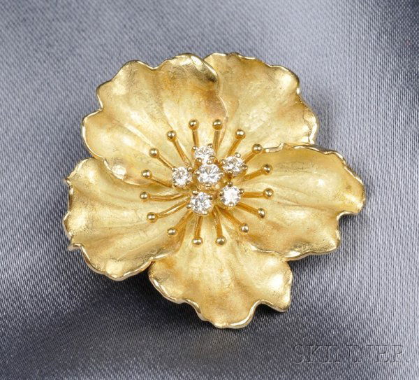 18kt Gold and Diamond Flower Brooch, McTeigue, set: 18kt Gold and Diamond Flower Brooch, McTeigue, set with six diamond melee, dia. 1 1/2 in.