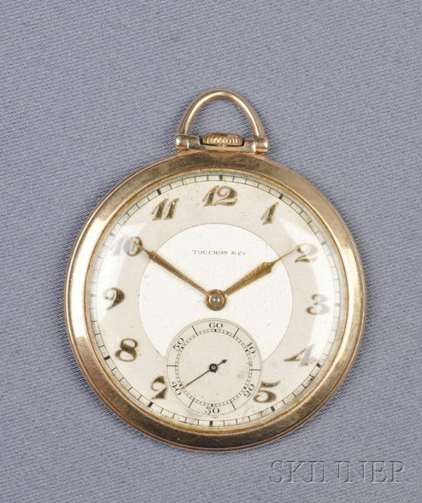Art Deco 14kt Gold Open Face "Bosun's Whistle" Poc: Art Deco 14kt Gold Open Face "Bosun's Whistle" Pocket Watch, Touchon, the silvertone dial with Arabic numeral indicators and subsidiary seconds dial, enclosing signed Bosun's-whistle-type unadjusted 1