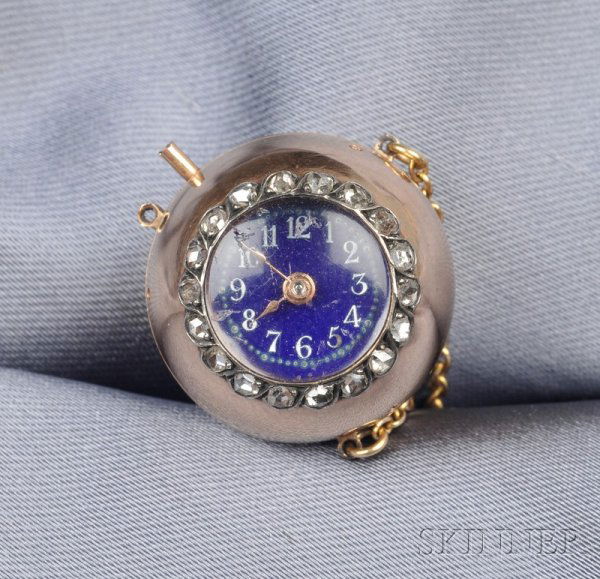 Antique Gold and Diamond Ball Watch Pendant, Patek: Antique Gold and Diamond Ball Watch Pendant, Patek Philippe, the blue enamel dial with Arabic numerald indicators, and silver bezel set with rose-cut diamonds, movement no. 81074, pin-set, with trace