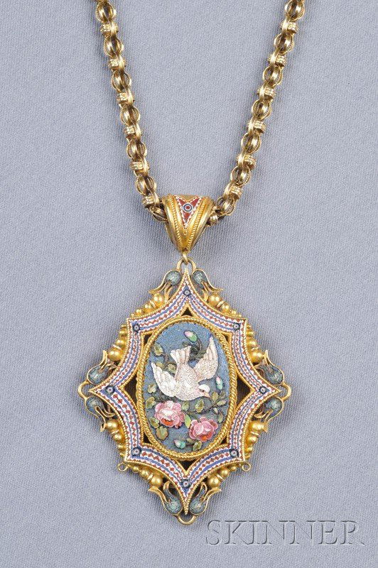 Antique 18kt Gold and Micromosaic Pendant, the pol: Antique 18kt Gold and Micromosaic Pendant, the polychrome tesserae depicting a dove with roses within conforming frame with applied beads and bellflowers, reverse with locket compartment, suspended fr