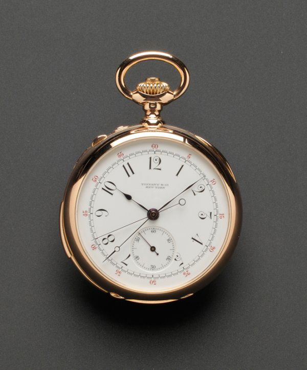 18kt Gold Minute Repeating Open Face Pocket Watch,: 18kt Gold Minute Repeating Open Face Pocket Watch, Tiffany & Co., Patek Philippe, the white enamel dial with Arabic numeral indicators and subsidiary seconds dial, enclosing slide activated damascened